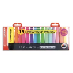 Surligneur stabilo boss original edition collector rechargeable pointe biseautee trace 2/5mm deskset 15 unites.