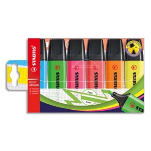 Surligneur stabilo boss tracé 2/5mm pointe biseautée encre universelle base eau résistante lumière pochette 6 unités.