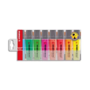 Surligneur stabilo boss tracé 2/5mm pointe biseautée encre universelle base eau résistante lumière pochette 8 unités.