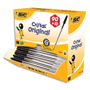 Stylo-bille bic cristal écriture moyenne 0.5mm encre classique noire bille indéformable pack économique 100 unités.
