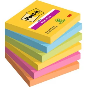 Bloc-notes post-it super sticky couleur carnival 76x76mm 90fjau/neo/bleu mer/vejau éon/fuchsia/orange néon 6 blocs.