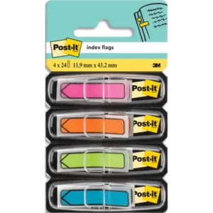 Marque-pages post-it index flèches 12x44mm 96f coloris vifs bleu jaune rouge vert lot 4x24 unités.