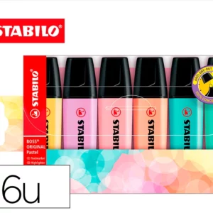 Surligneur stabilo boss pastel tracé 2/5mm pointe biseautée encre universelle base eau résistante lumière pochette 6u.
