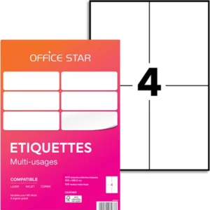 Etiquette office star impression laser jet encre et copieur 105x148,5mm coloris blanc pochette 400 unites.