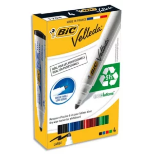 Marqueur bic velleda 1701 effaçable pointe ogive tracé 1.5mm encre base alcool inodore corps plastique boîte 4
