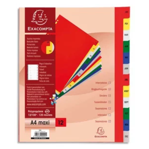 Intercalaires mensuels exacompta polypropylene 12 touches multicolores format a4+