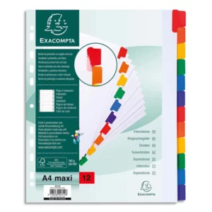 Intercalaire exacompta carte blanche 160g 12 positions a4+ carte onglets couleur renforcés.