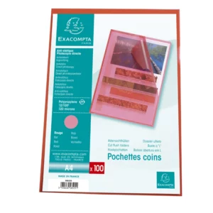 Pochette coin exacompta a4 pp graine 12/100eme 120 microns coloris rouge paquet 100 unites.