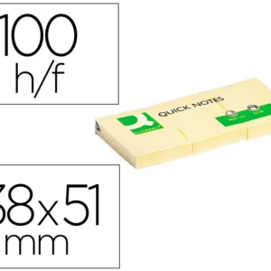 Bloc-notes q-connect quick notes 38x51mm 3 blocs 100f repositionnables coloris jaune.