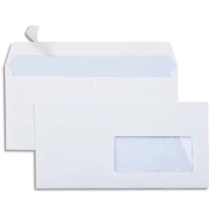Enveloppe économique dl 110x220mm 80g adhésive fenêtre 45x100mm coloris blanc boîte 500 unités.
