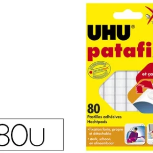 Pastille adhésive uhu patafix fixe momentanément définitivement documents objets coloris blanc sachet 80 unités.