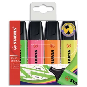 Surligneur stabilo boss tracé 2/5mm pointe biseautée encre universelle base eau résistante lumière pochette 4 unités.